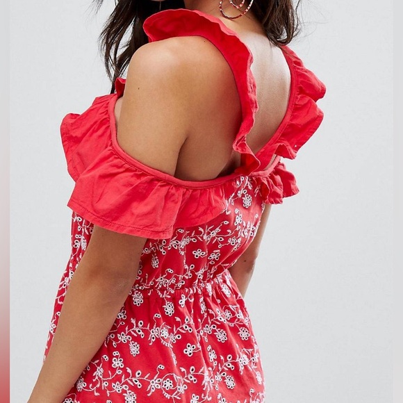 ASOS Red Ruffle Cold Shoulder Embroidered Dress - Picture 2 of 6